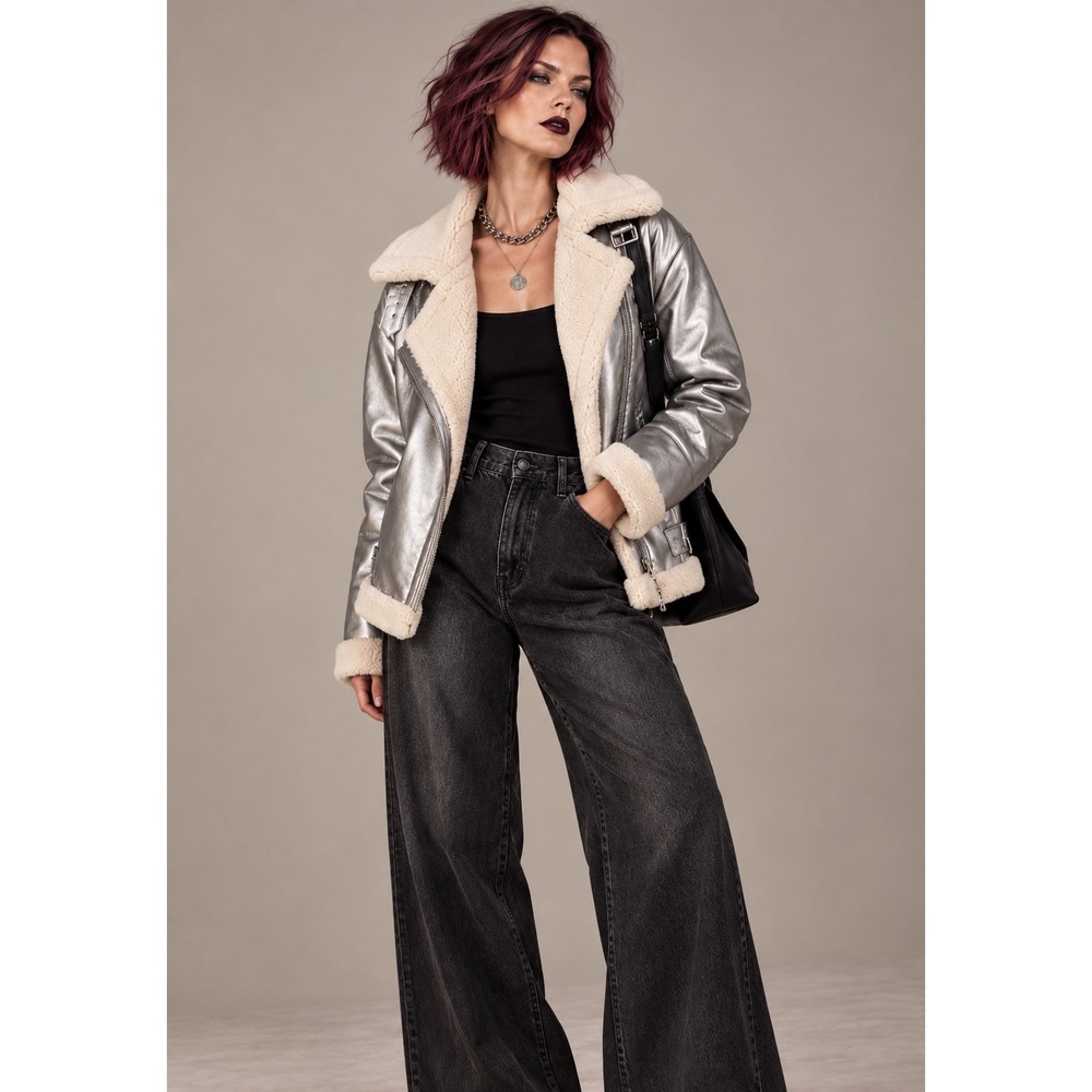 Warehouse Silver Faux Shearling Moto Jacket Metallic Size 4